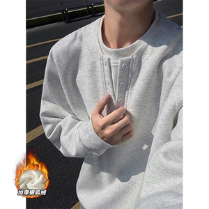 重磅380g华棉假两件保暖银狐绒亨利领男卫衣W5419J加绒-特P45控88图片