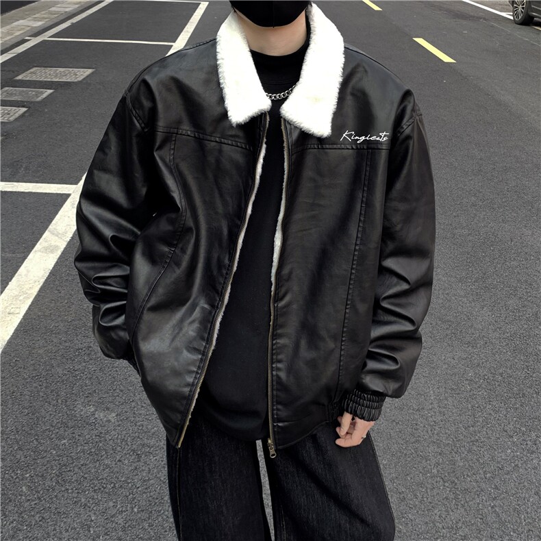 美式复古加绒保暖羊羔绒PU皮衣外套男宽松版加厚棉衣机车棉服p128,男装皮衣,电商C307