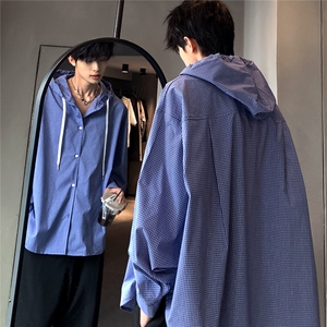 2025新款痞帅复古格子衬衫男长袖衬衣连帽外套 CS04-P58图片
