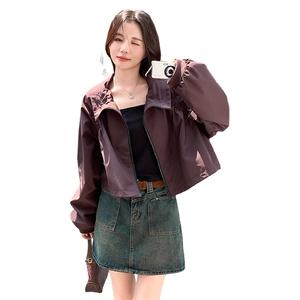 韩版设计感抽绳立领冲锋衣女2025春秋季美式复古显瘦短款工装外套图片