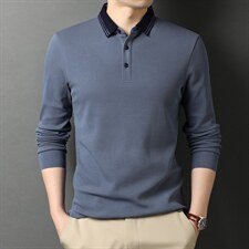 秋季薄款男士T恤商务休闲翻领长袖上衣2023新款中年纯色免烫男装，男装T恤，电商B212（原钱塘6029）