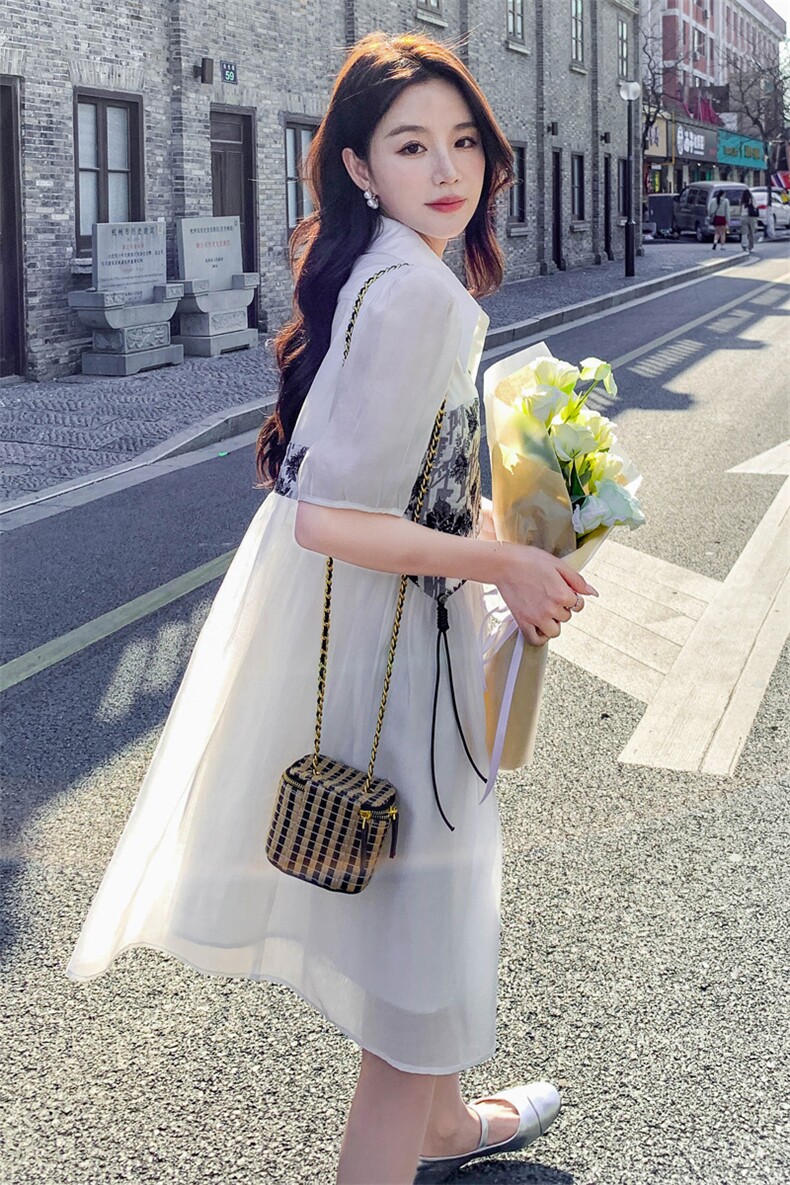 新中式国风印花连衣裙女2024夏季新款高级感气质高端收腰显瘦裙子,女装连衣裙,浙宝285（原212）