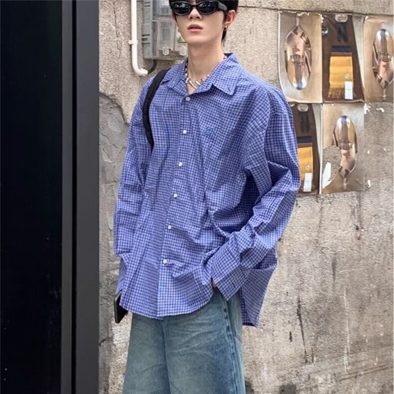 复古蓝色格子衬衫男女宽松百搭衬外套情侣防晒衬衣网图CS925-P40,男装防晒衣,星座302B