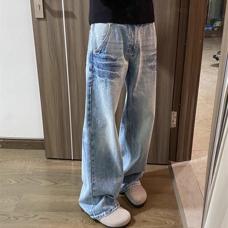 浅色牛仔裤男直筒宽松阔腿美式高街vibe裤子潮牌痞帅百搭休闲长裤,男装牛仔裤,星座813-2