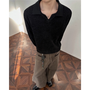 美式重磅雪尼尔长袖T恤男秋冬季打底衫polo衫加绒加厚卫衣外套男图片
