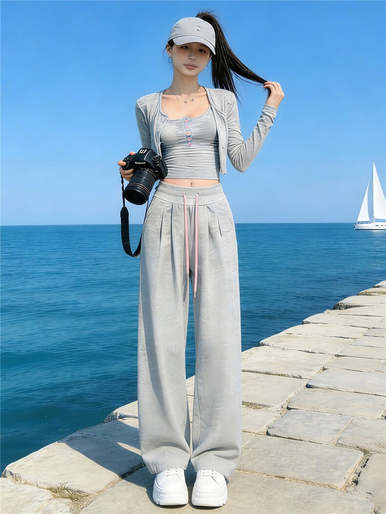 女春新款欧货时尚休闲套装修身显瘦开衫上衣内搭吊带阔腿裤三件套,女装套装/套裙,江南