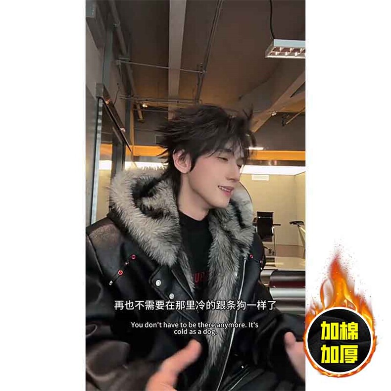 现货冬季美式潮牌痞帅PU皮机车服棉衣毛毛绒狼王座山雕皮棉服,男装棉衣,电商A486-1