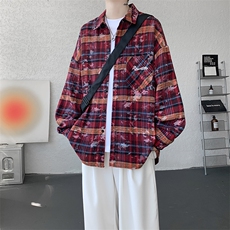 衬衫男秋季新款港风宽松大码格子扎染刺绣长袖衬衣CS3016-P38，男装衬衫，星座214-3