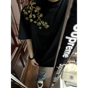 美式复古罗汉松刺绣短袖t恤男新款夏季街头cleanfit半袖 T3057图片