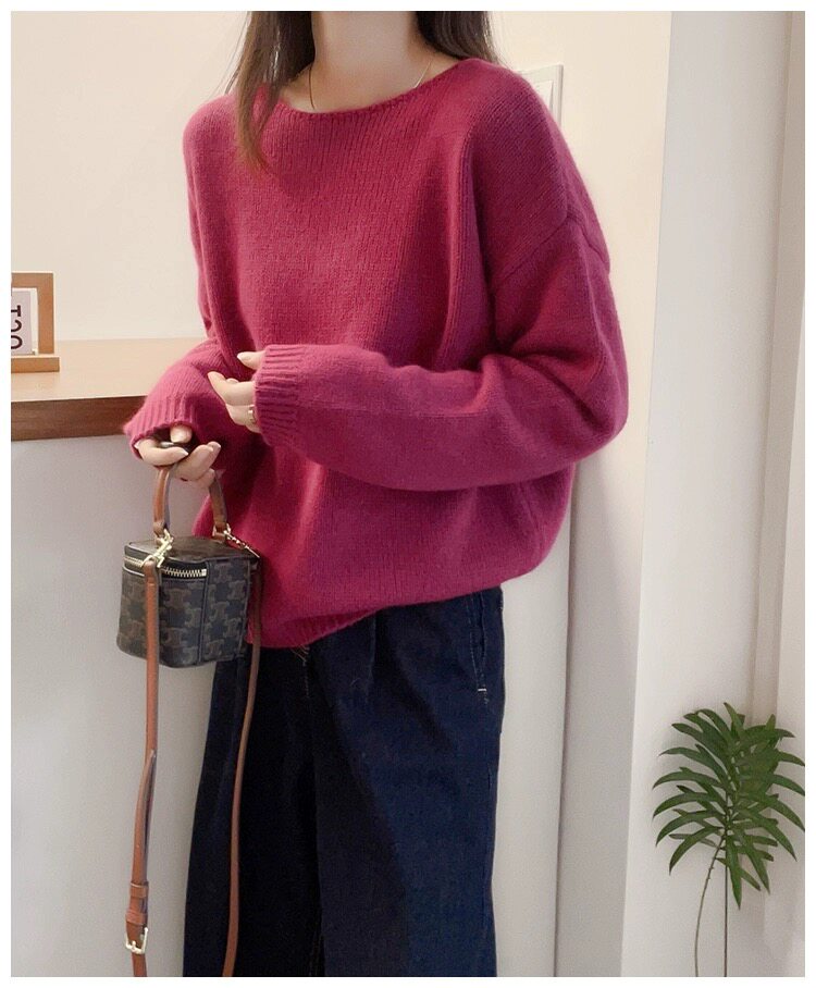 圆领纯色加厚100%纯羊毛衫针织毛衣女慵懒风宽松打底羊绒衫上衣,女装羊毛衫,圣旺供货