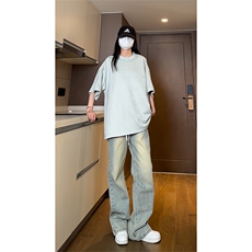 港风大码日系复古麂皮绒宽松套头圆领短袖T恤XZ213-T061-P35控48，男装T恤，星座213