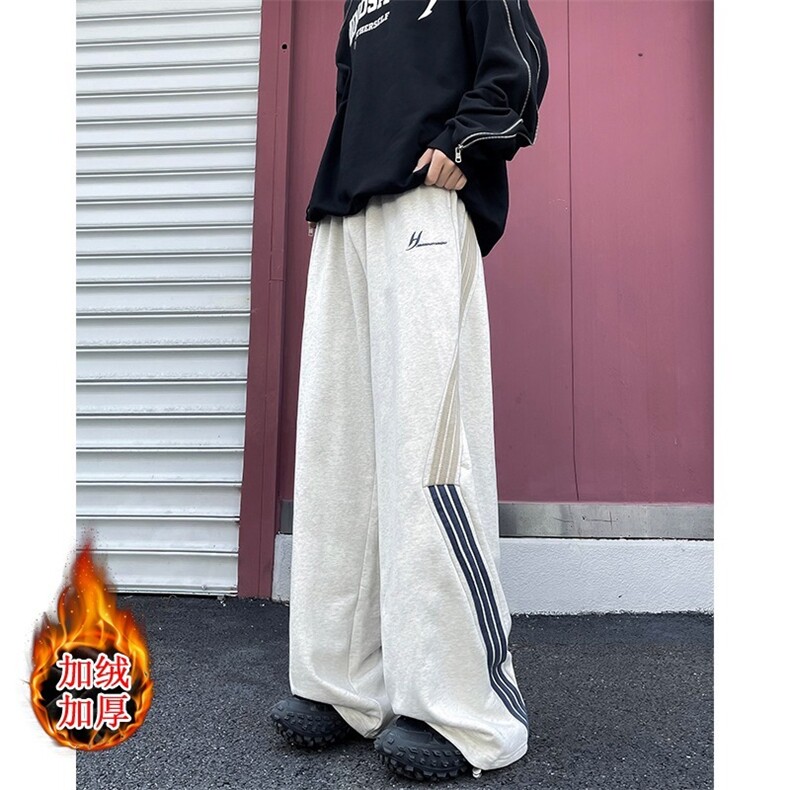 加绒街头条纹卫裤男美式三条杆抽绳潮阔腿运动长裤MK6031P42-48，男装休闲裤，星座1013-5