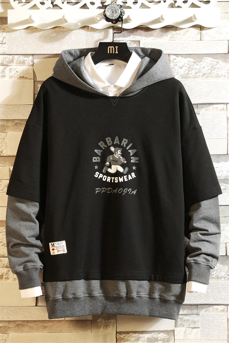 2021春季新款日系大码墙纸风男印花假两件套连帽卫衣W619-P55,男装卫衣,电商A001