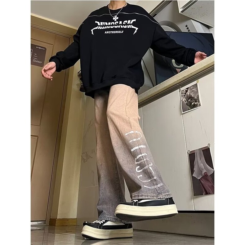 春秋季新款渐变色牛仔裤男宽松休闲直筒百搭拖地阔腿裤,男装牛仔裤,星座410-6（原星座1304-1）