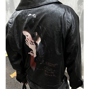 蜻蜓女人像超清油墨印花复古皱纹路蜡面皮衣夹克男JK9151图片