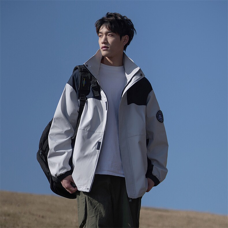 春款工装连帽夹克潮流拼色宽松贴标户外冲锋衣外套CYJK9236-P80,男装夹克,电商A128