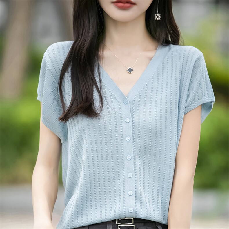 夏季V领镂空天丝短袖T恤针织气质开衫女宽松显瘦连肩小飞袖防晒衫,针织衫/毛衣,佳绒包芯纱店