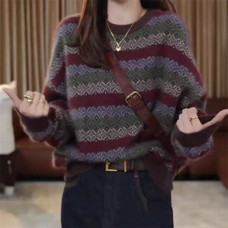 复古港风撞色条纹毛衣女士秋冬2025新款圆领时尚穿搭针织衫上衣,针织衫/毛衣,萱芳婷羊绒
