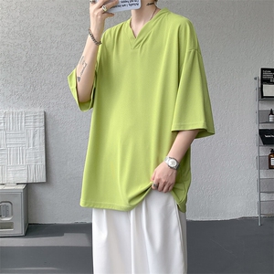 8XL-M短袖t恤男款夏季薄款垂感小V领七分袖加肥加大码DT005特P20图片