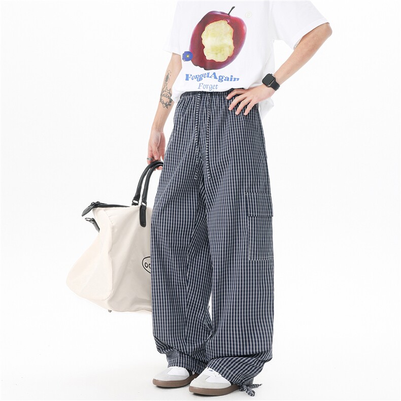 8XL-M 复古蓝色格子裤男垂感拖地遛弯裤直筒冰丝阔腿裤 K9129P58图片
