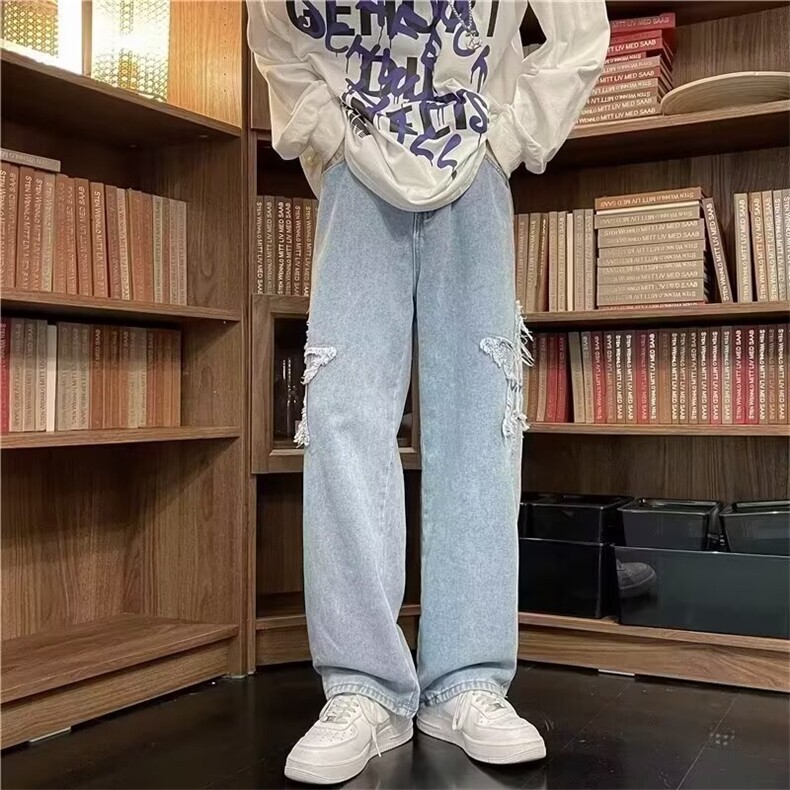 LE8011-P33个性潮流星星刺绣2025新款牛仔裤子阔腿,男装牛仔裤,电商B323A