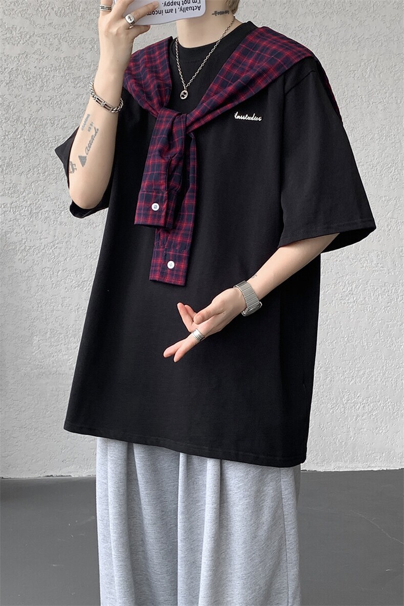 8XL-M潮情侣美式拼接打结格子假两件短袖宽松纯棉T恤男DX338,男装T恤,电商D206-1