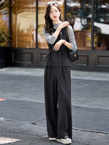 春秋套装裤女2025新款复古小香风绑带收腰打底衫马甲阔腿裤套装裙图片