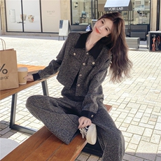 休闲撞色翻领短款毛呢长裙套装女春秋ootd穿搭两件套巨好看松弛感，女装套装/套裙，2B237