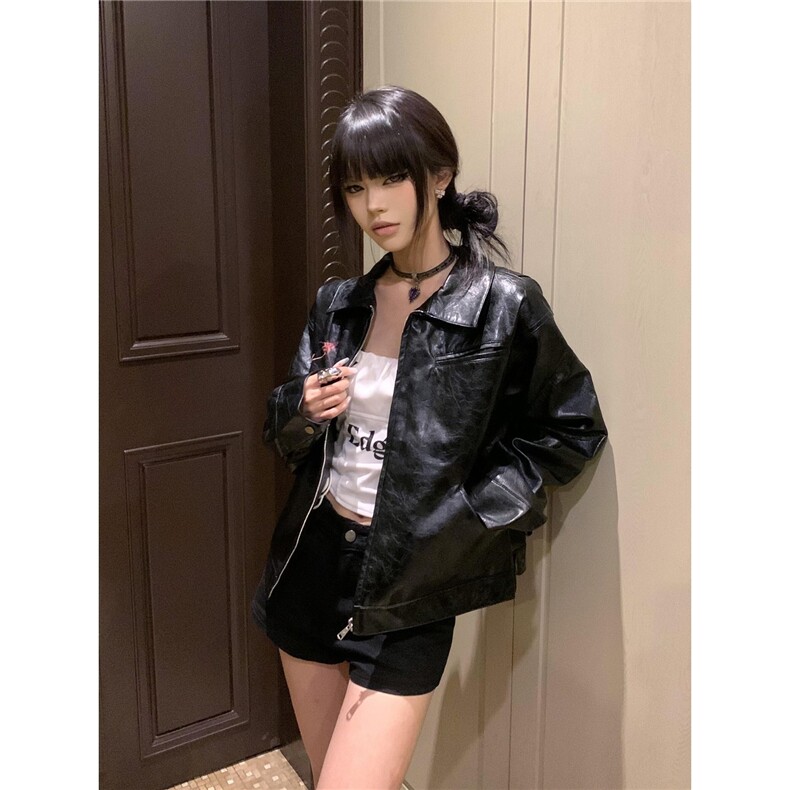 2026欧美酷飒蜻蜓女人像超清油墨印花复古皱纹路蜡面皮衣夹克男女图片