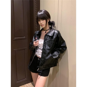 2026欧美酷飒蜻蜓女人像超清油墨印花复古皱纹路蜡面皮衣夹克男女图片
