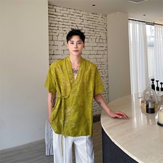 夏季新中式镂空花卉禅意绑带短袖男女衬衣复古衬衫，男装衬衫，电商A246