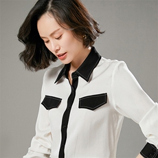 时尚都市女性必备优雅真丝衬衫简约黑白拼接设计显瘦百搭长袖上衣，女装衬衫，宋氏羊绒