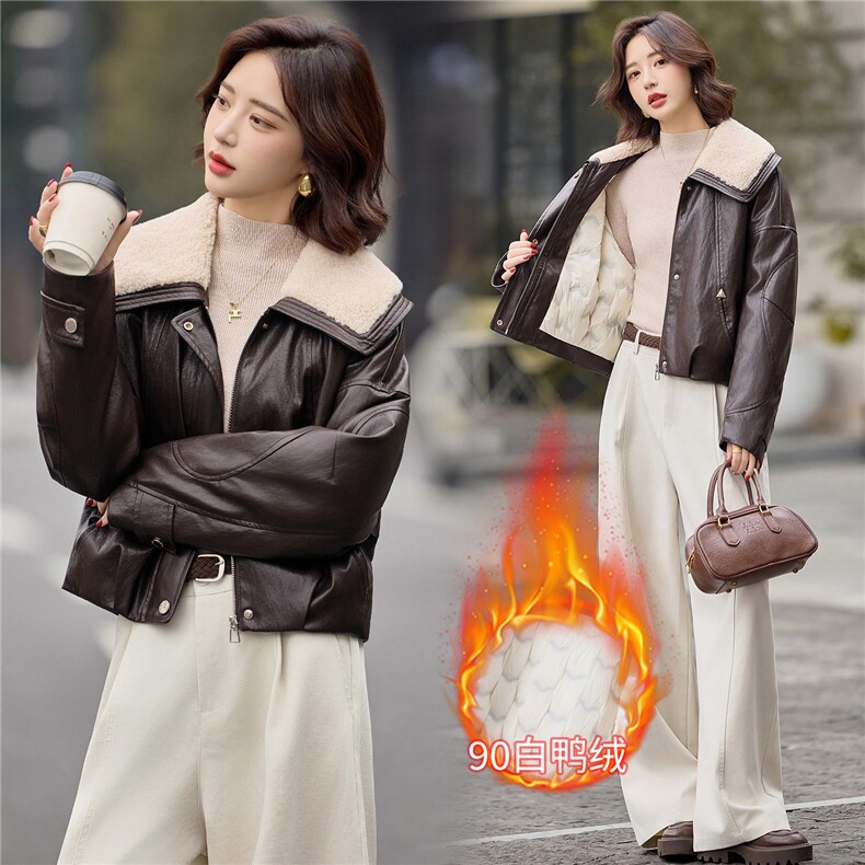 数据好90绒羽绒服。2025冬季新款PU皮羊羔毛领子90绒羽绒服外套女,女装短外套,E百度