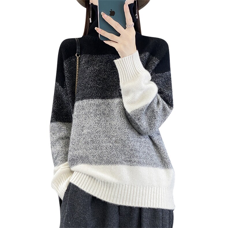 休闲/淑女2024年秋冬季单件长袖高翻领花纱拼色套头羊毛衫,女装羊毛衫,丽特绒