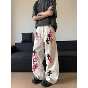 十字架撞色拼皮牛仔裤男女显瘦美式高级感直筒休闲裤AMM7021 P66图片