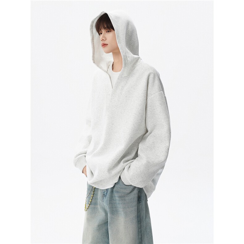 春秋季叠穿假两件卫衣重磅连帽V领拼接套头衫宽松大码外套WY006,女装短外套,电商B312
