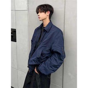 P15-P55 藏蓝色美式复古短款外套男cleanfit风高级感痞帅棒球服图片
