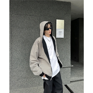 2025美式双面穿格子连帽外套男高街棒球服夹克上衣拉链卫衣Y70611图片