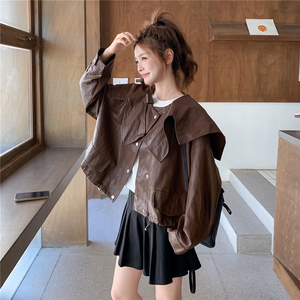 美拉德风娃娃领短款PU皮衣外套女2025年春秋季新款设计感减龄夹克图片