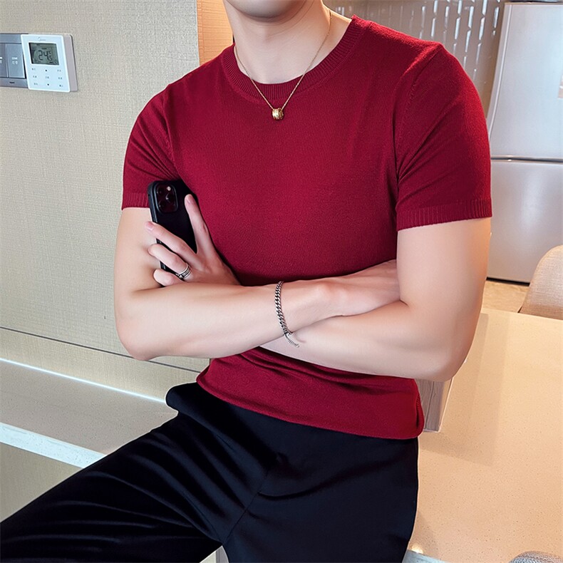 针织衫毛衣男M02/p40秋季短袖修身圆领纯色内搭打底衫线衣男红,男装针织衫/毛衣,电商D303