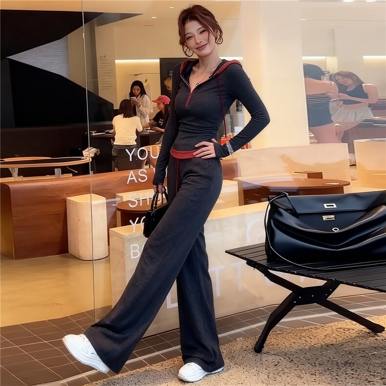韩系运动休闲套装女春季新款高级感连帽撞色拼接上衣阔腿裤两件套,女装套装/套裙,江南