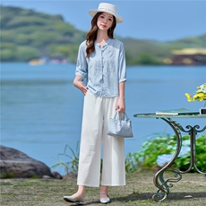 现货！现货！2026夏季新款时尚刺绣棉麻衬衫阔腿裤两件套女，女装套装/套裙，以桐