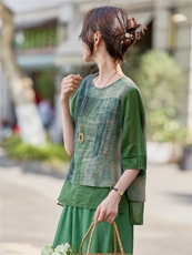 2026年夏季水墨印花假两件苎麻女上衣，女装蕾丝衫/雪纺衫，依恋蒂丝