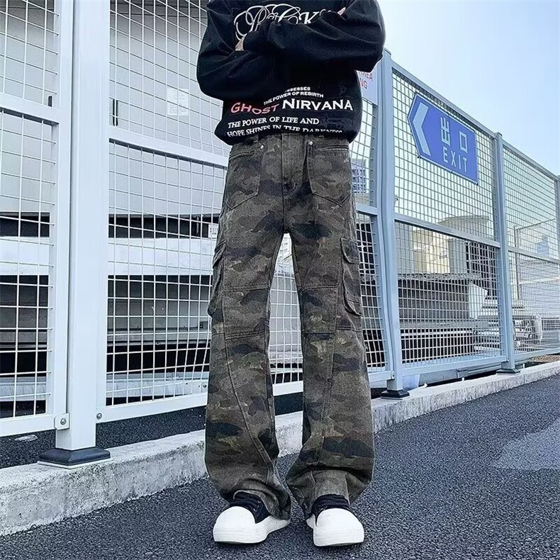 美式多口袋工装牛仔裤男女潮牌高街修身显瘦微喇裤AMC611 P52图片