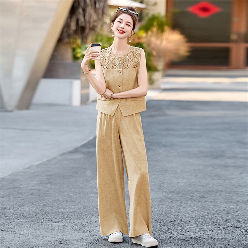 镂空绣花马甲阔腿裤套装女2026春夏新款气质无袖西装阔腿裤两件套,女装套装/套裙,沁沁公主