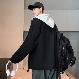 港风秋款男假两件夹克连帽字母印花魔术贴休闲外套DM26-P58图片