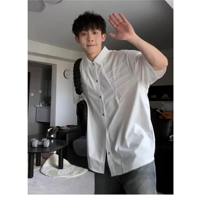 网图现货美式宽松设计感褶皱短袖衬衫男C58/P35,男装T恤,星座205-3
