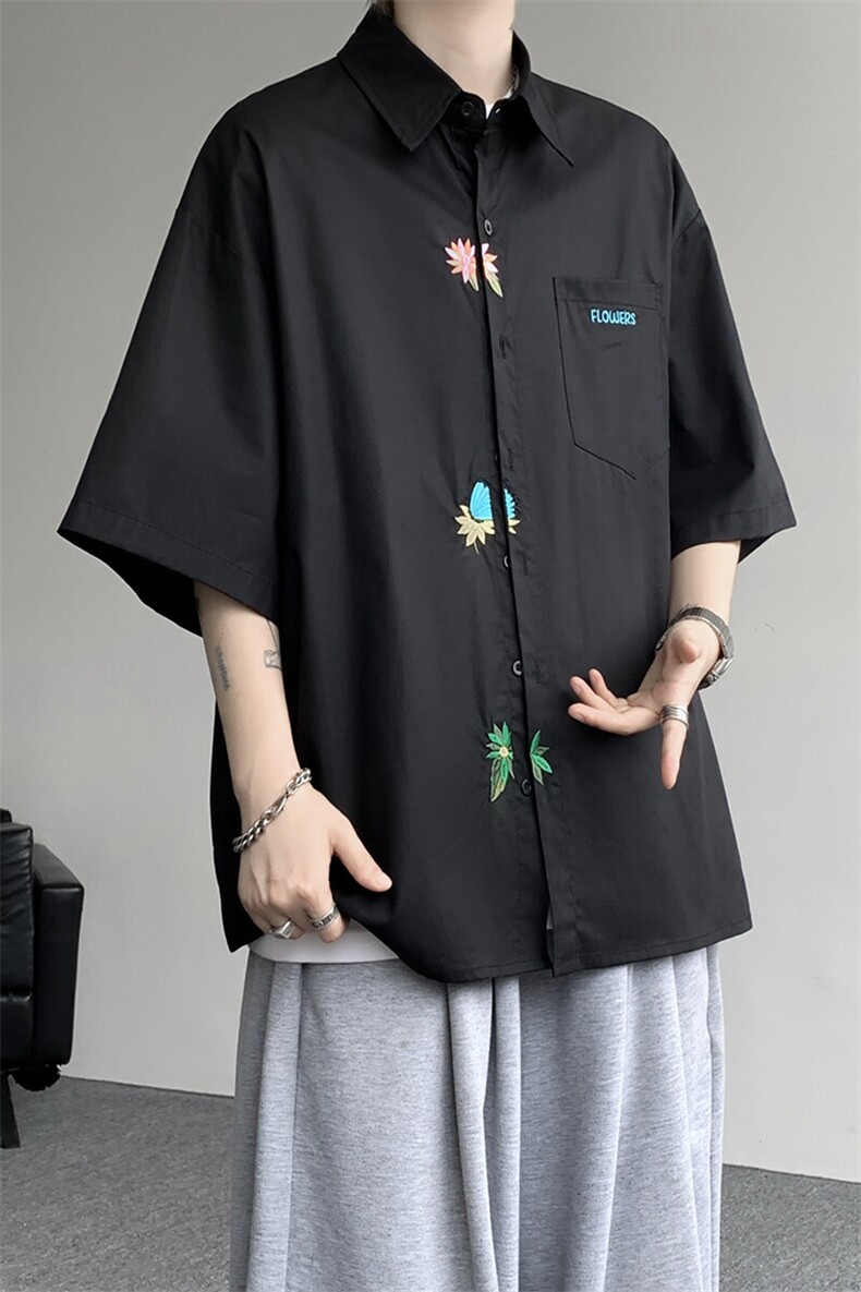 设计感重工花卉刺绣短袖衬衫高级大码美式痞帅衬衣外套DC5011/P45,男装衬衫,电商B238