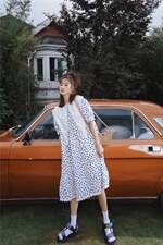 蕾丝领波点连衣裙，女装连衣裙，喜午