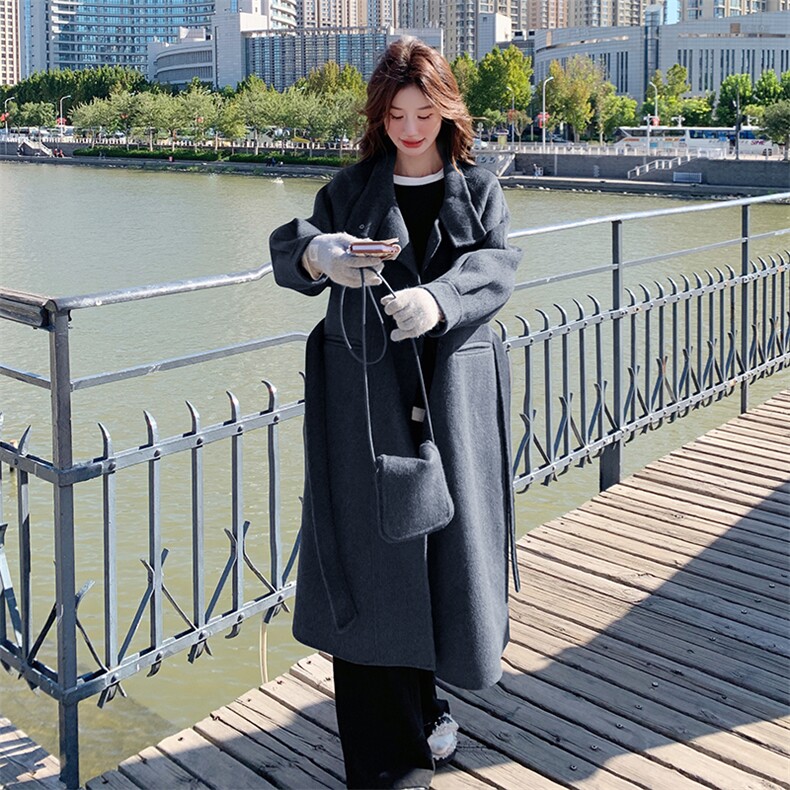 双面羊毛大衣女款2024秋冬新款韩版宽松气质优雅羊毛呢外套配包包,女装双面呢大衣,韩蜜菓